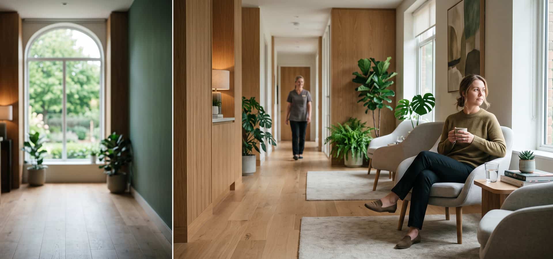 Wnętrze prywatnego ośrodka leczenia uzależnień, jasny i spokojny hol